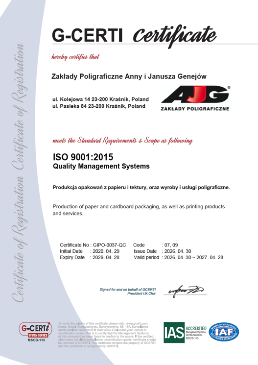 Certyfikat ISO 9001:2015 AJG