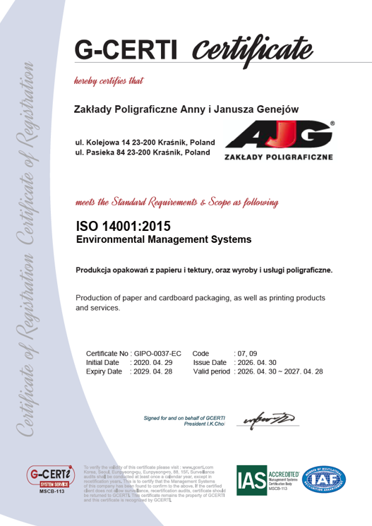 Certyfikat ISO 14001:2015 AJG