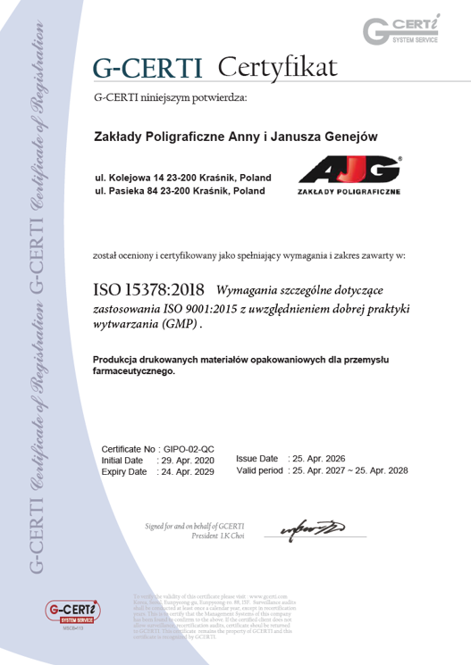 Certyfikat ISO 15378:2018 AJG