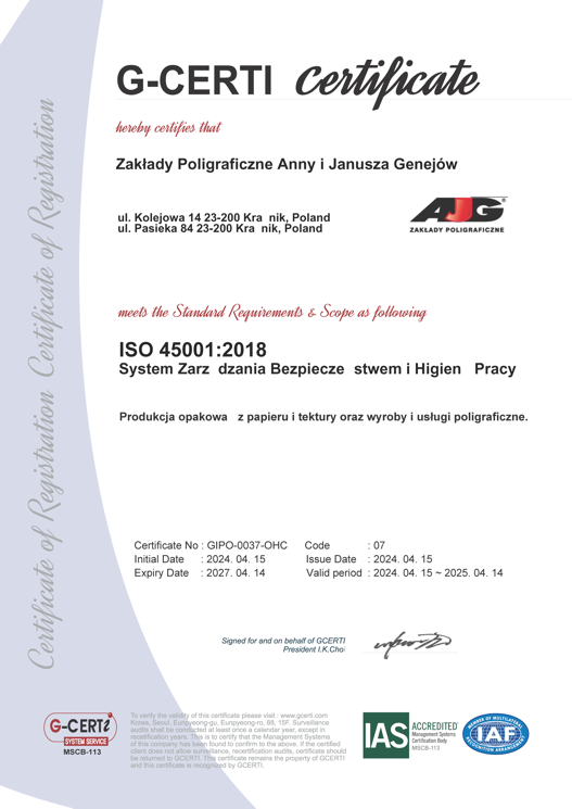 Certyfikat ISO 45001:2018 AJG